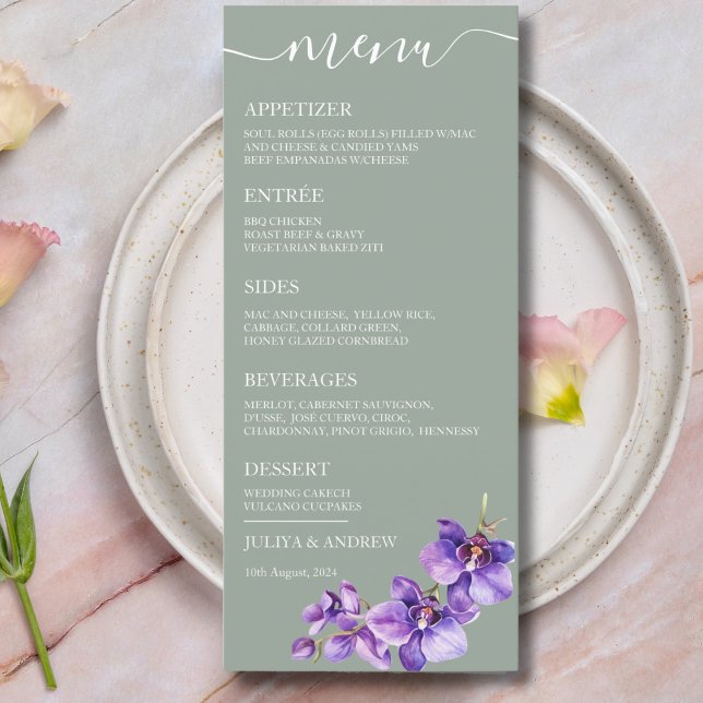 Menu Flor de orquídea em saga verde-casamento (Criador carregado)