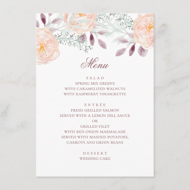 Menu Flor de pêssego em aquarela. Casamento botânico. F (Frente)