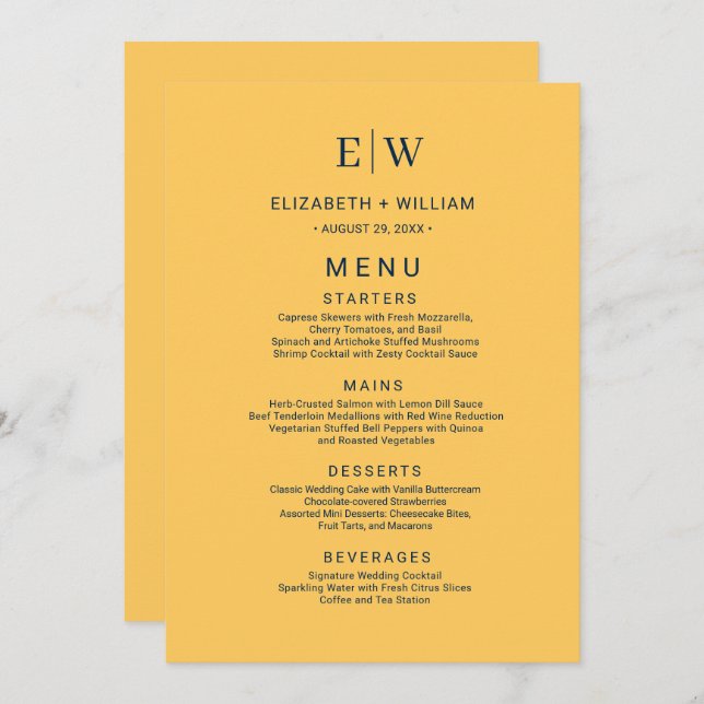 Menu Flor de Raios Simples Elegante com Casamento Monog (Frente/Verso)