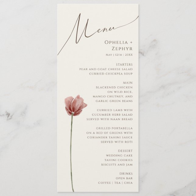 Menu Flor Simples | Jantar de Casamento Bege (Frente)