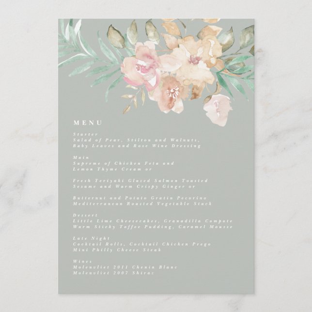 Menu Florais Rustic Watercolor no Casamento Verde Sage (Frente)