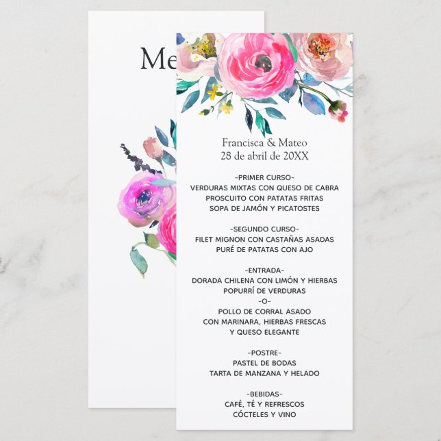 Menu Floral Aguamarinha Rosa-Intenso em Aquarela (Frente/Verso)