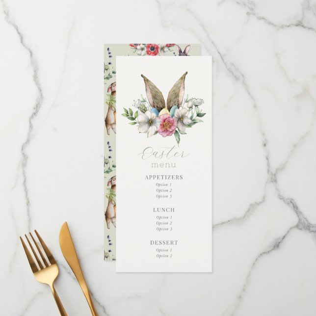 Menu Floral Bunny Ear Páscoa Brunch (Frente/Verso In Situ)