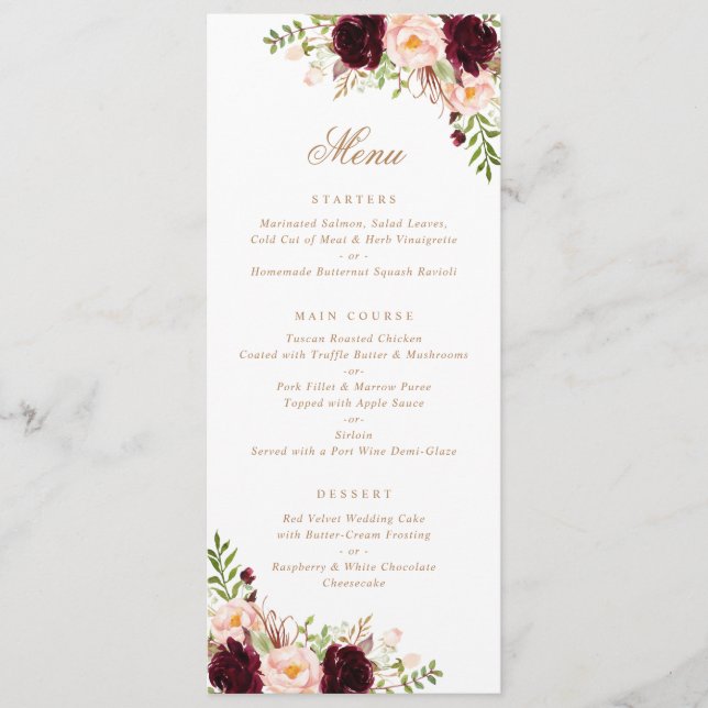 Menu Floral Burgundy Blush Greenery Moderno Mínimo (Frente)