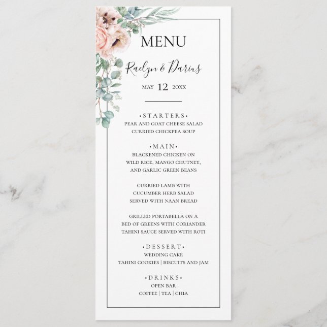 Menu Floral de Blush Elegante | Janto de Casamento de Q (Frente)