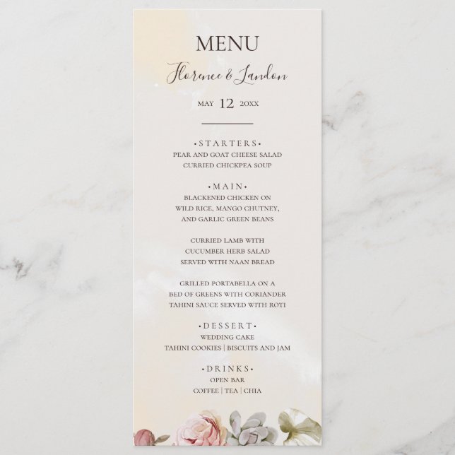 Menu Floral de Blush Moderno | Janto Casamento Watercol (Frente)