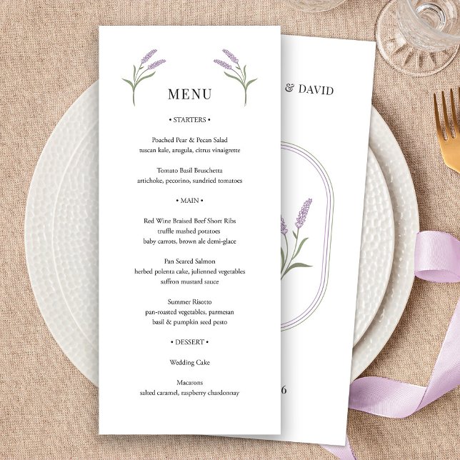 Menu Floral de Casamento de Lavanda Elegante (Elegant Lavender Floral Wedding Menu by Fiesta Valley Print)