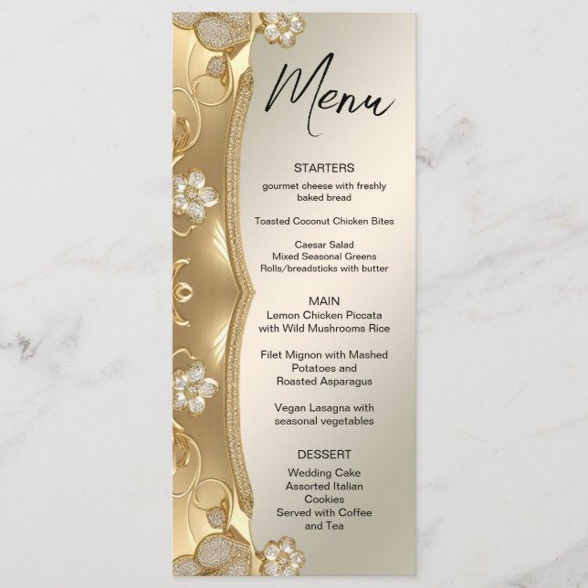 Menu Floral de Casamento do Ornamentado Dourado (Frente)