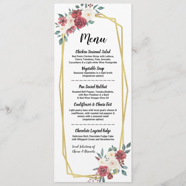 Menu Floral de creme vermelho da recepção de casamento (Frente)