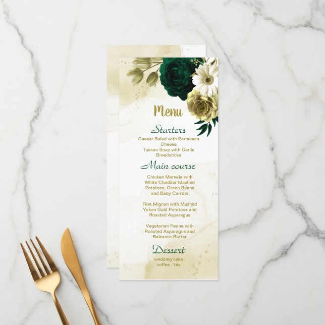 Menu Floral de ouro de marfim verde-esmeralda (Frente/Verso In Situ)