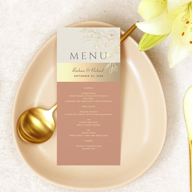 Menu Floral Dourado e Terracotta Wedding (Criador carregado)