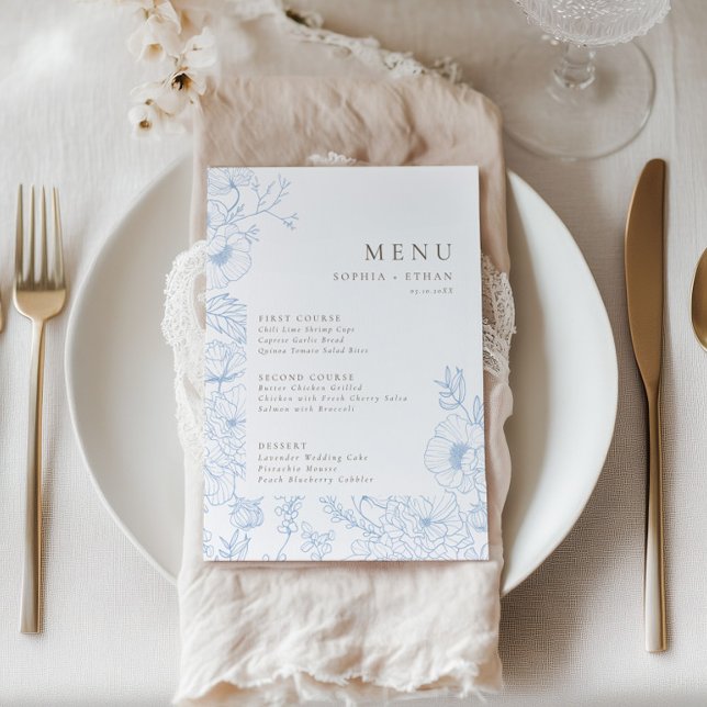 Menu Floral Line Art French Blue Weding (Criador carregado)