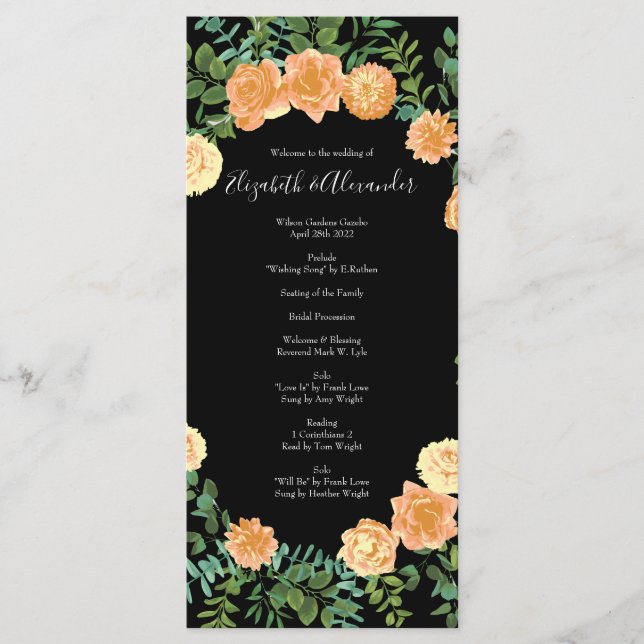 Menu Floral Moderno de Casamento Negro e Pessegueiro (Frente)