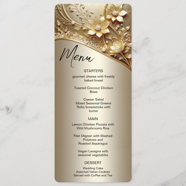 Menu Floral Moderno Ornamentado com Pérolas Dourad (Frente)