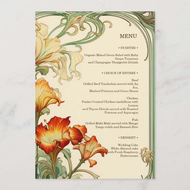 Menu Floral Mucha Art Nouveau Vermelho e Laranja Botâni (Frente)