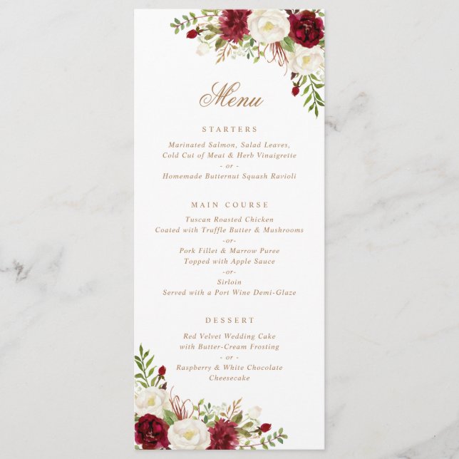 Menu Floral Red Burgundy White Greenery Moderno Mínimo (Frente)