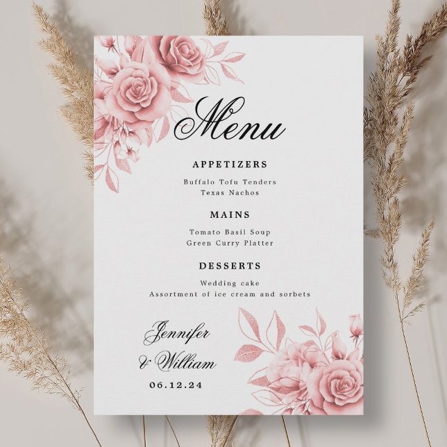 Menu Floral Rosa Rosa Rosa Cor-de-Rosa Rosa Esbranquiça (Elegant Script Wedding Blush Pink Rose Floral Menu)