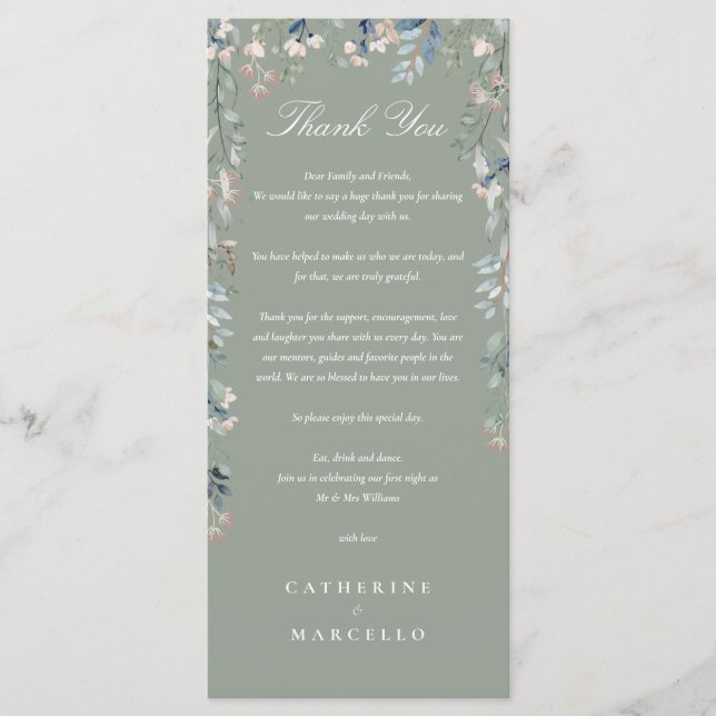 Menu Floral Sage Green Wedding Obrigado Place Card (Frente)