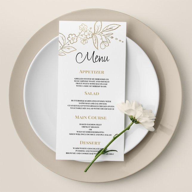 Menu floral simples de ouro branco elegante (Elegant white gold simple floral Wedding Menu)