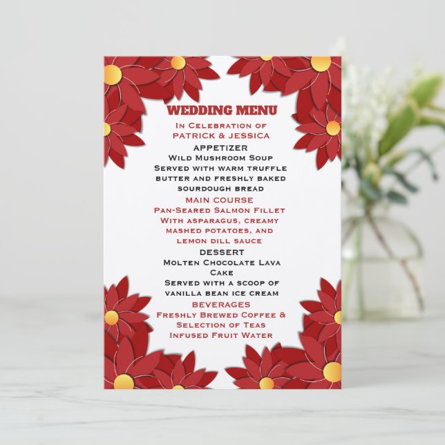 Menu Floral Vermelho e Dourado Geométrico (Em pé/Frente)