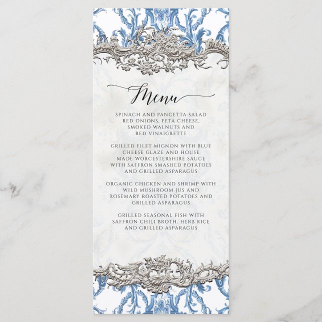 Menu Floral Vintage Barroco Rococó Azul e Prata (Frente)