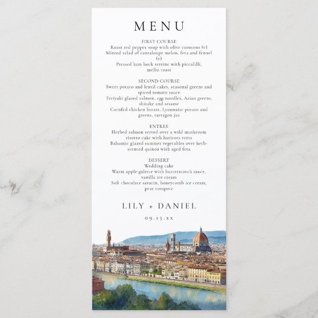 Menu Florence Skyline Watercolor Elegant Wedding (Frente)
