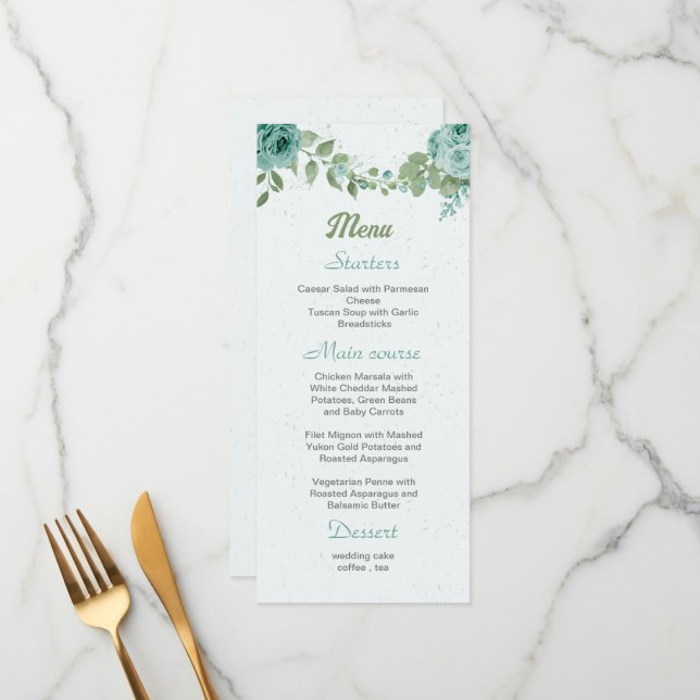 Menu Flores azuis bonito folhas verdes botânicas (Frente/Verso In Situ)