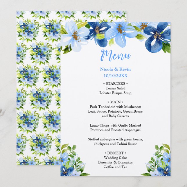 Menu Flores Azuis e Navy com Folhagem (Frente/Verso)