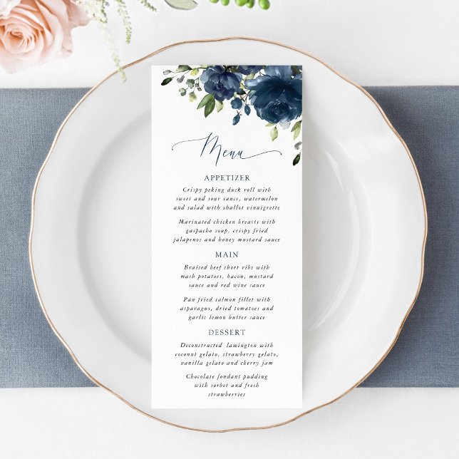 Menu Flores Azuis Marinho, Folhagens, Boho, Casamento F (Criador carregado)