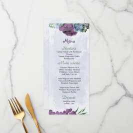 Menu Flores azuis roxas folhas verdes casamento