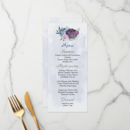 Menu Flores azuis roxas folhas verdes casamento
