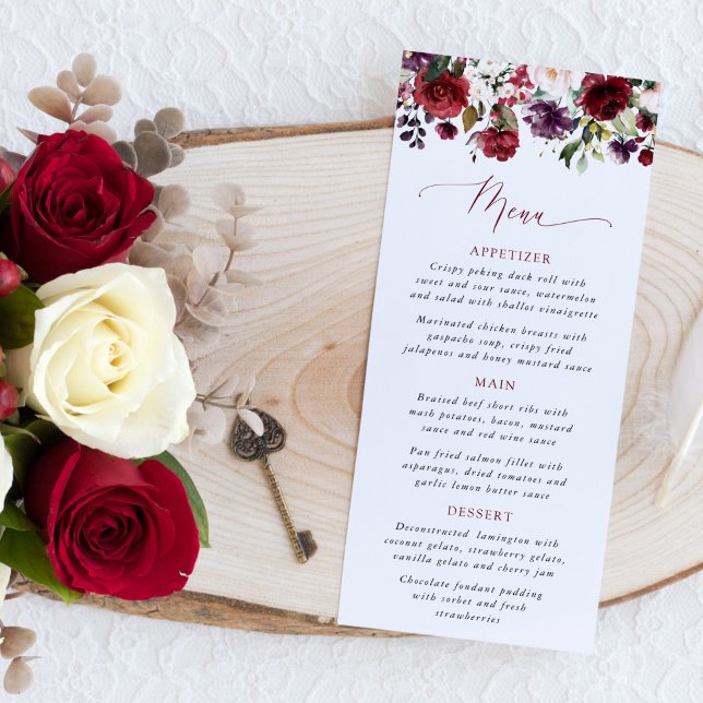 Menu Flores Borgonha, Flores Rosas, Folhagens, Casament (Criador carregado)