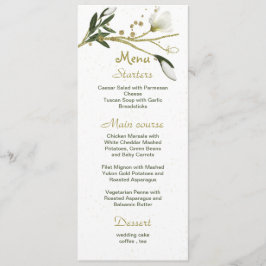 Menu flores brancas e douradas folhagens casamento