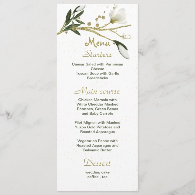 Menu flores brancas e douradas folhagens casamento (Frente)