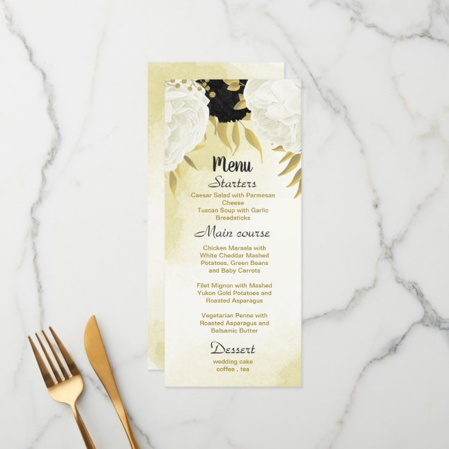 Menu flores brancas pretas ouro folhas casamento (Frente/Verso In Situ)