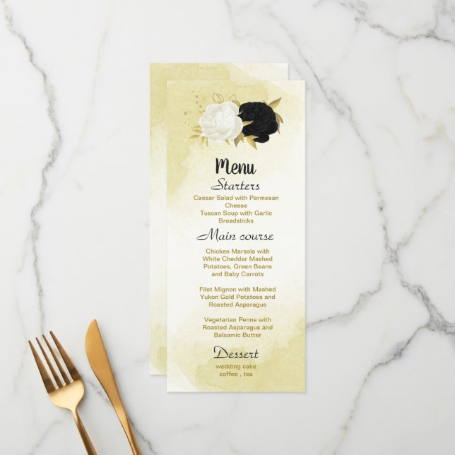 Menu flores brancas pretas ouro folhas casamento (Frente/Verso In Situ)
