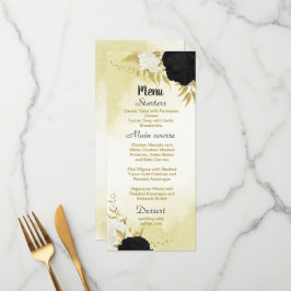 Menu flores brancas pretas ouro folhas casamento