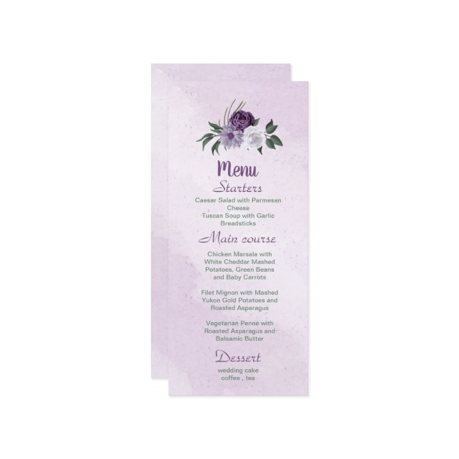 Menu flores brancas roxas românticas folhas verdes (Frente/Verso In Situ)