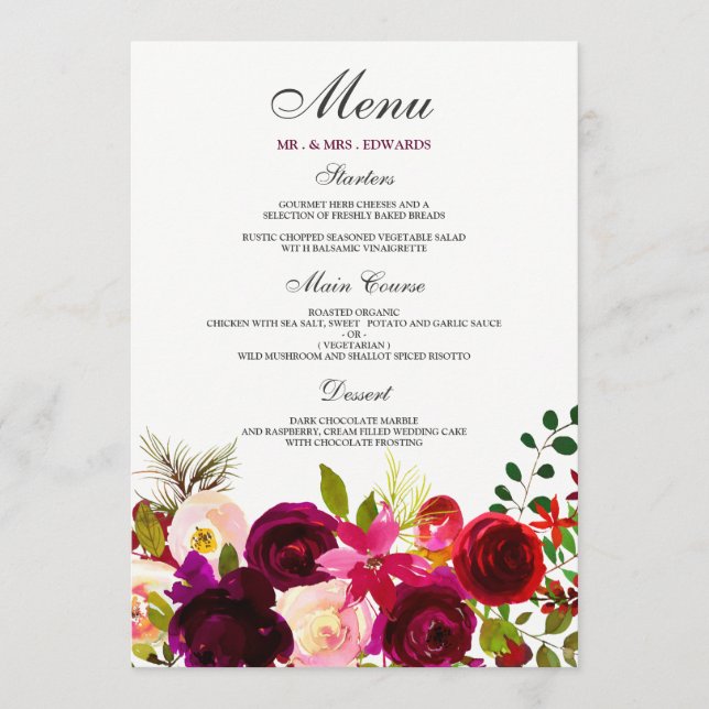 Menu Flores Burgundy Floral Elegante Casamento (Frente)