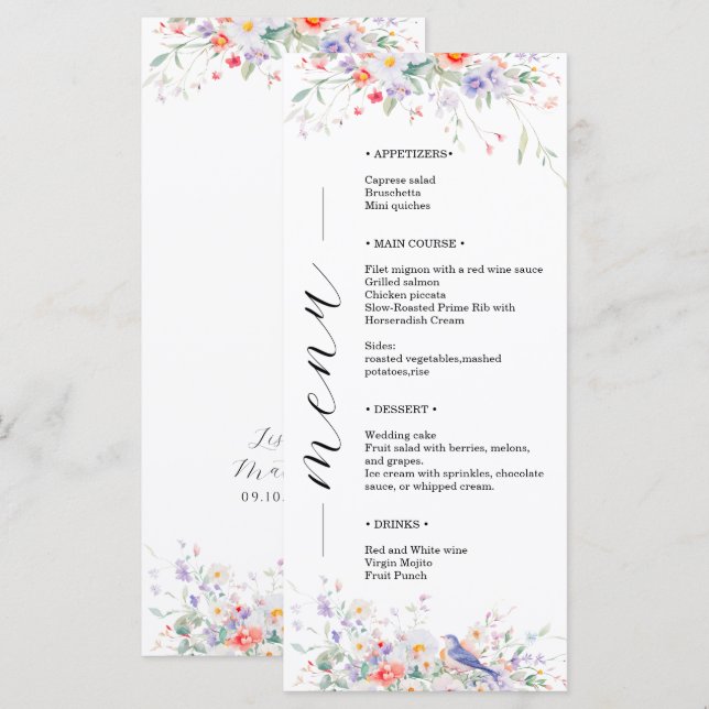 Menu Flores Caprichosas & Pássaros Azuis Casamento Aqua (Frente/Verso)