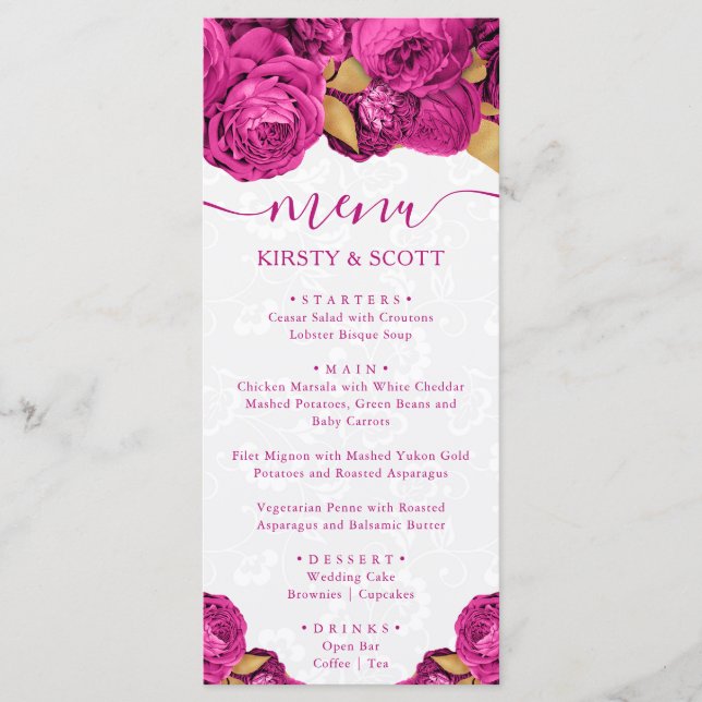 Menu Flores Cor-de-Rosa e Douradas de Aquarela Casament (Frente)