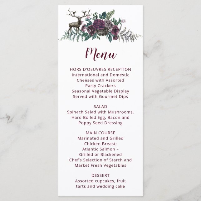 Menu Flores de Aguarela Burgundy Gray com Veado (Frente)