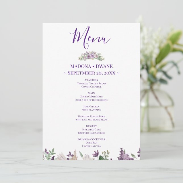 Menu Flores de Ameixa e Lilás em Aquarela (Em pé/Frente)