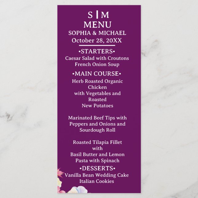 Menu Flores de Aquarela Azul Cor-de-Rosa Casamento com  (Frente)