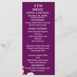 Menu Flores de Aquarela Azul Cor-de-Rosa Casamento com