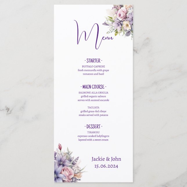 Menu Flores de aquarela. Casamento. (Frente)