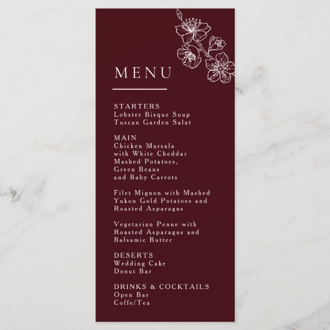 Menu Flores de Arte de Linha Branca Casamento Burgundy  (Frente)