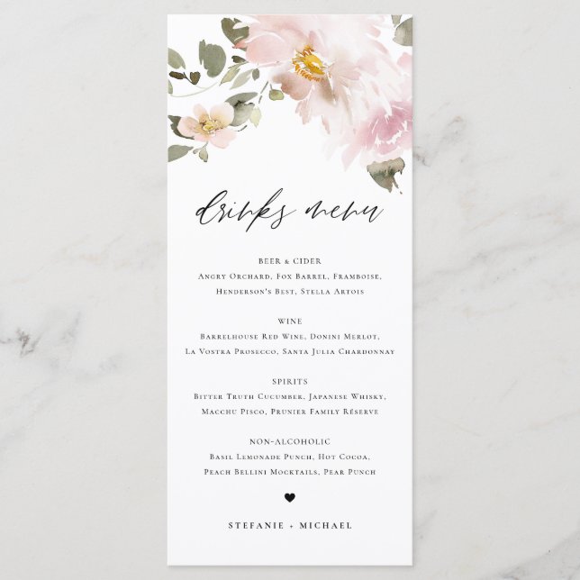Menu Flores De Blush De Aquarela Feminina Bebidas De Ca (Frente)
