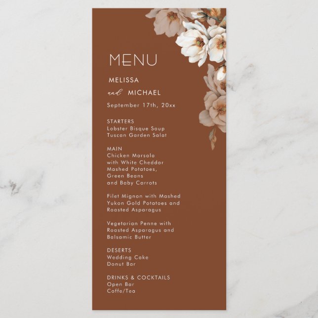 Menu Flores de Marfim Terracota Casamento (Frente)
