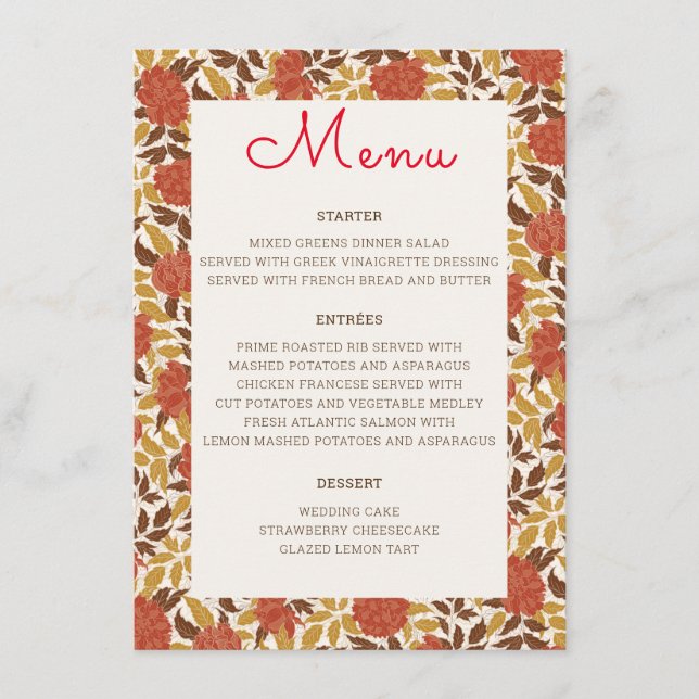 Menu Flores de Peônia Laranja empoeiradas de casamento  (Frente)